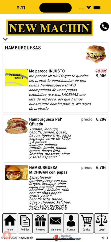 Pantalla del menú de la aplicación móvil New Machin que muestra varias opciones de hamburguesas y precios