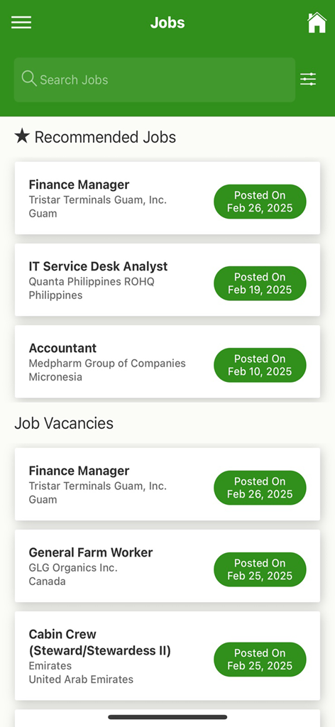 Screen of IPAMS Mobile app showing recommended jobs and vacancies for international positions like Finance Manager and IT Service Desk Analyst.