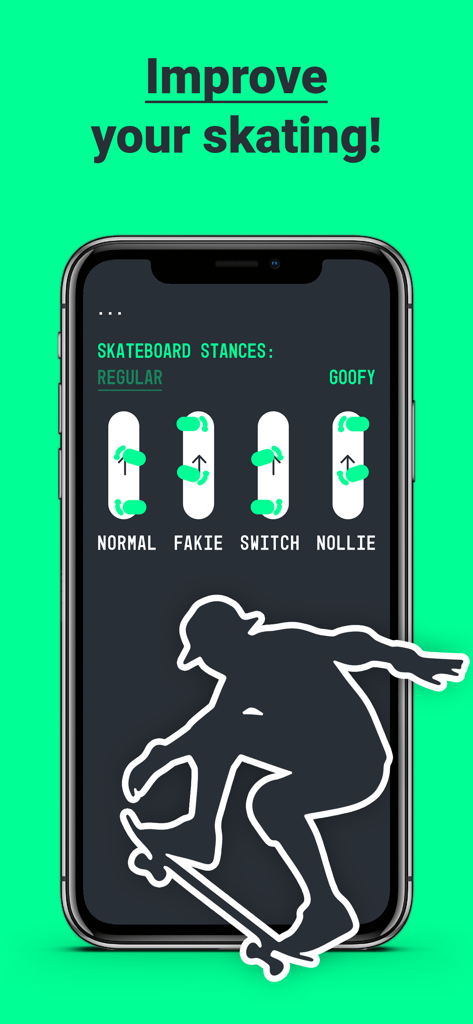 Game of SKATE or ANYTHING - Pantalla de la aplicación móvil que muestra diferentes posiciones de patineta, incluyendo normal, fakie, switch y nollie