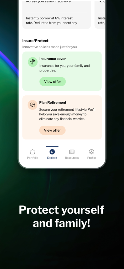 Interfaccia dell'app mobile Achieve di Petra che mostra coperture assicurative e piani pensionistici