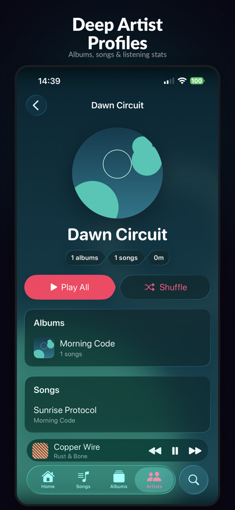 RetroMusic: MP3 & FLAC Player - Artist profile screen in RetroMusic app showing albums and songs for Dawn Circuit with statistics