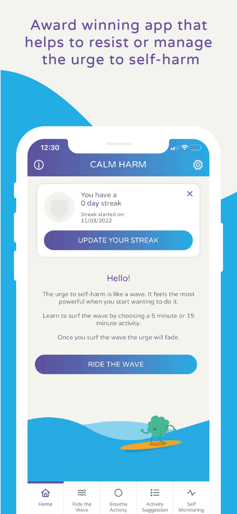 Calm Harm app home screen featuring the Ride the Wave button and a daily streak tracker