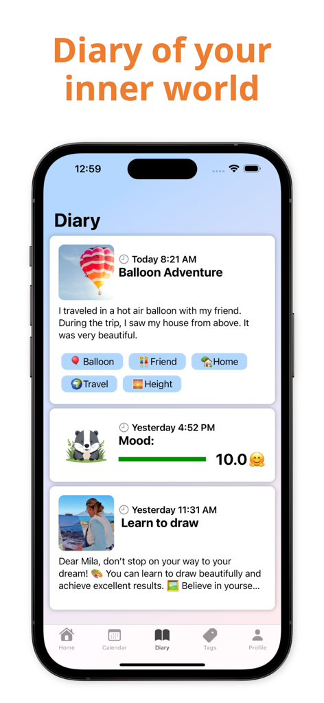 Smartphone screen displaying Mila app diary entries for dreams mood and goals