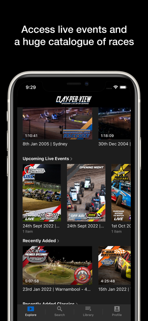Clay Per View app on a smartphone showing live and on demand speedway racing events