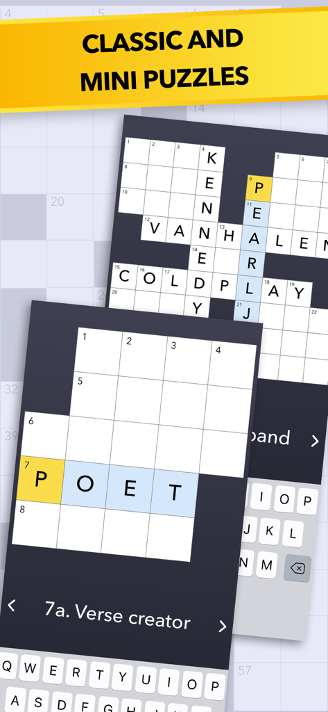Mobile interface showing classic and mini crossword puzzles with clues and keyboard.