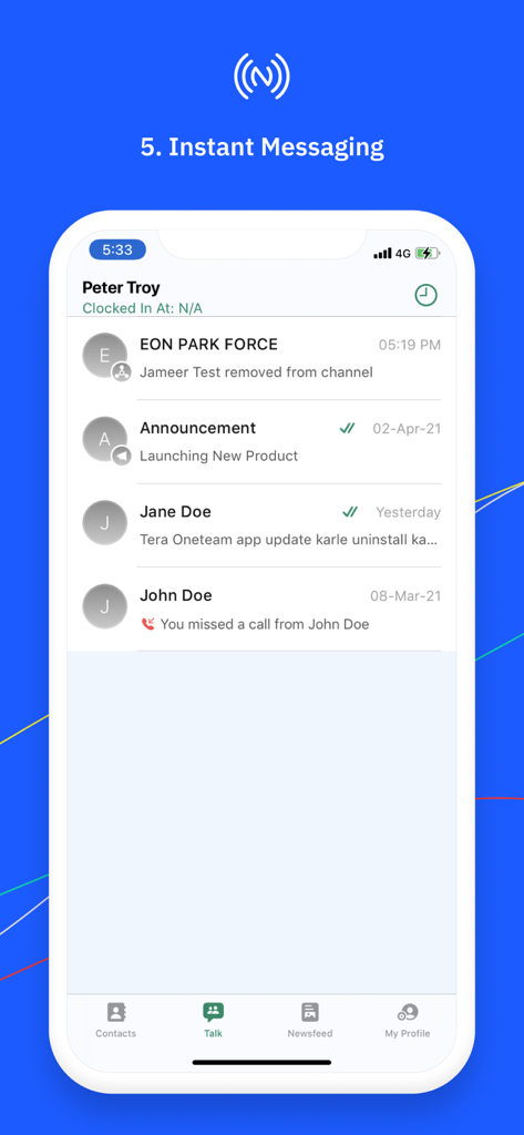 NuovoTeam mobile app screen showing the instant messaging chat list and team communications for frontline workers.