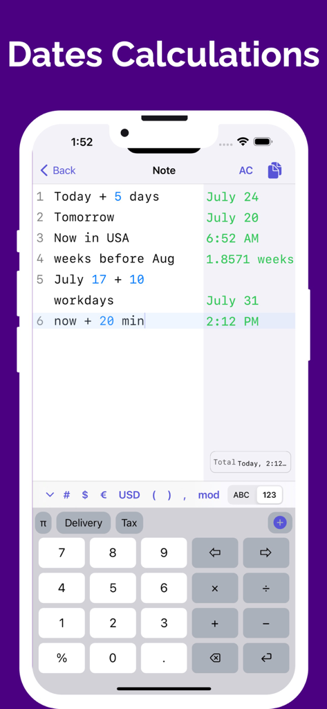 CalcMate - notes calculator - CalcMate app interface showing natural language date and time calculations in a notepad format