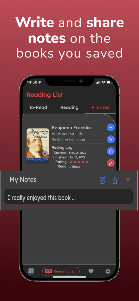 Bookshelf: Book Tracker, Club - 벤자민 프랭클린 전기 책에 대한 메모 기능과 함께 완성된 독서 목록을 보여주는 모바일 앱 인터페이스
