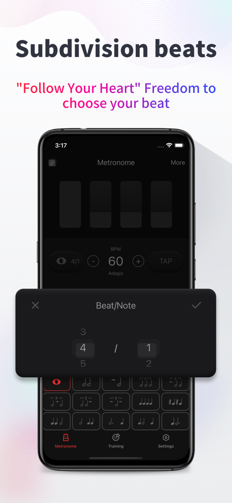 Metronome-music beat rhythm - User interface for choosing subdivision beats and notes in the Metronome music app
