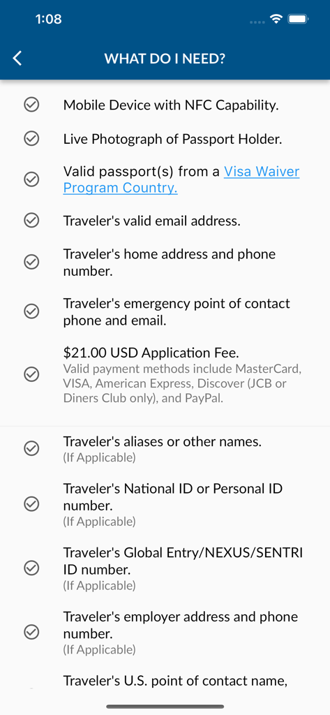 A checklist screen in the ESTA Mobile app detailing the necessary documents and information for a travel authorization application.