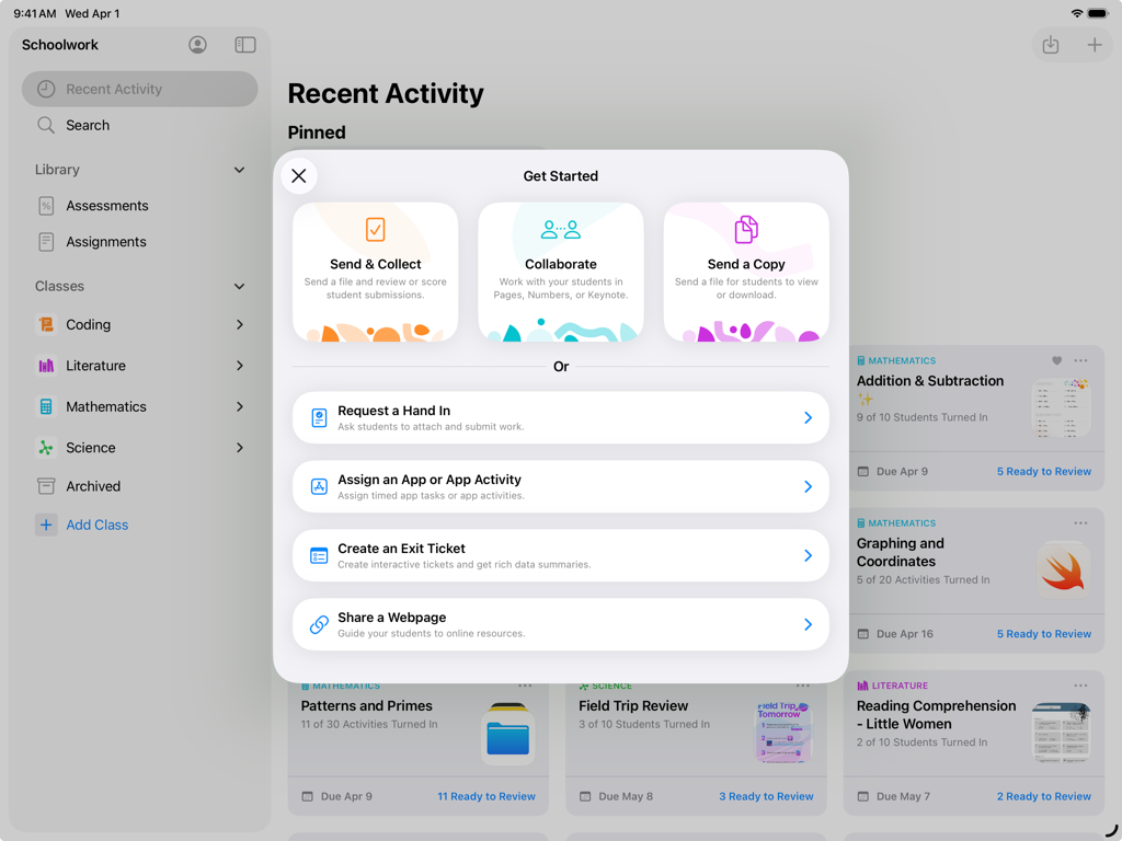 iPadのSchoolworkアプリ。「開始する」メニューを表示し、教師向けの課題と共同作業のオプションを提供。