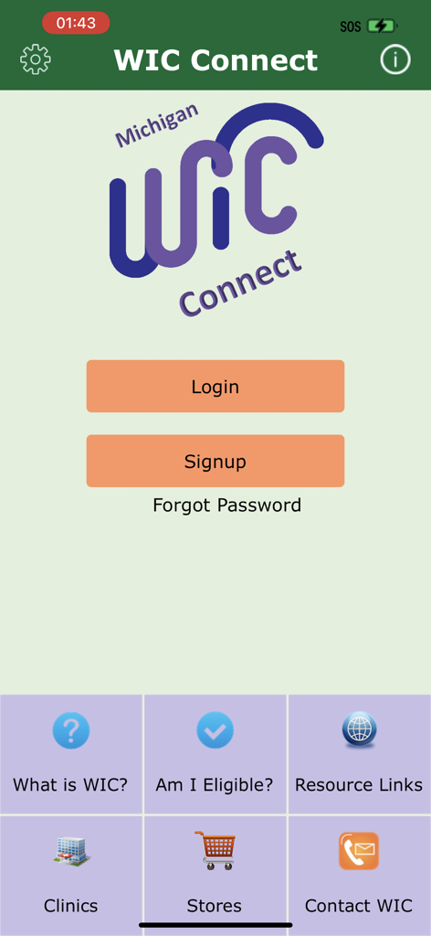 WIC Connect - Tela de login do aplicativo móvel Michigan WIC Connect mostrando opções de login, cadastro e verificação de elegibilidade.