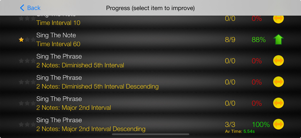 Voice Training Pro - Progress tracking screen in Voice Training Pro showing scores and star ratings for various singing exercises.