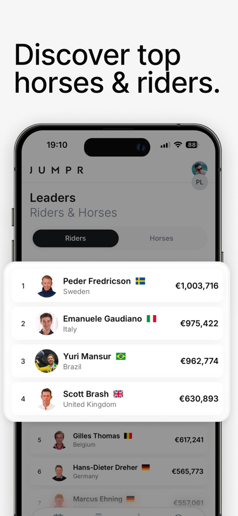 Jumpr - Jumpr app interface showing top show jumping rider rankings and career earnings