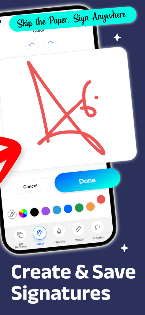 E signature app: Fill and Sign - Una interfaz móvil para dibujar y guardar firmas electrónicas personalizadas con varias herramientas de edición.