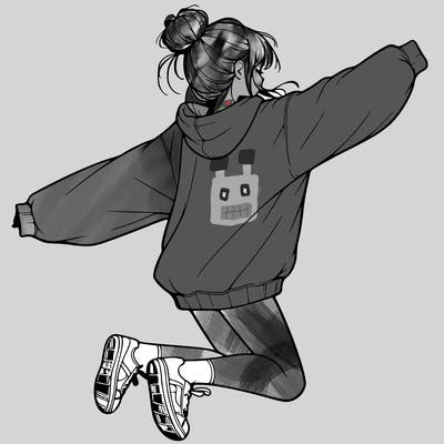 realistic girl jumping with a bun and oversized sweatshirt