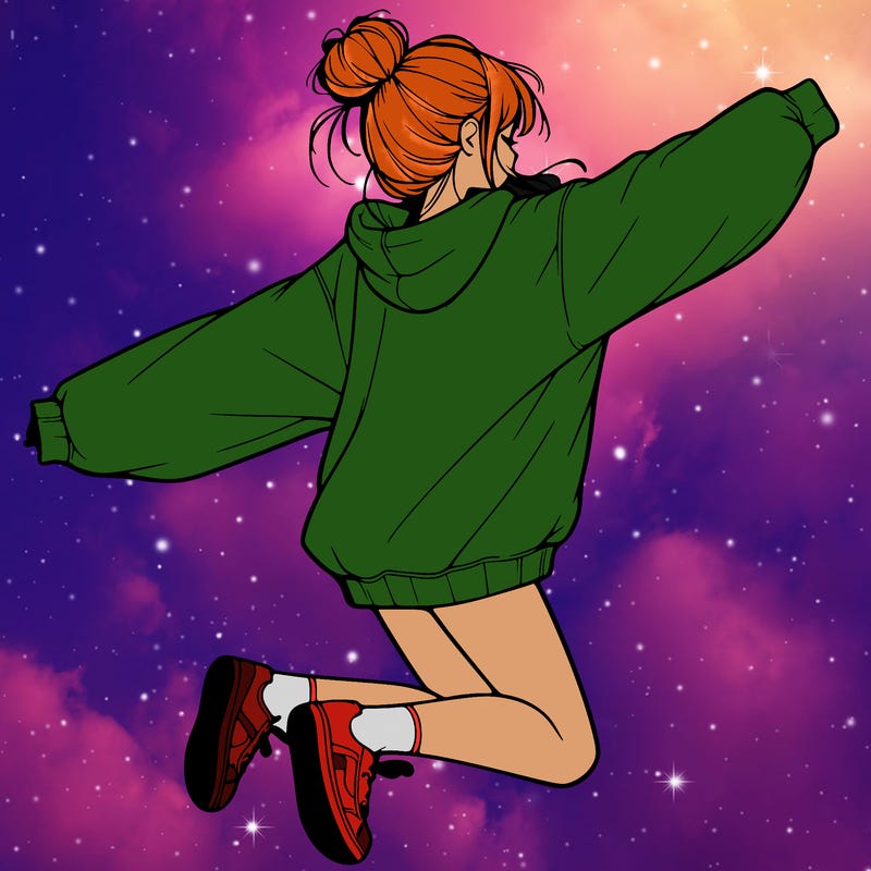 realistic girl jumping with a bun and oversized sweatshirt