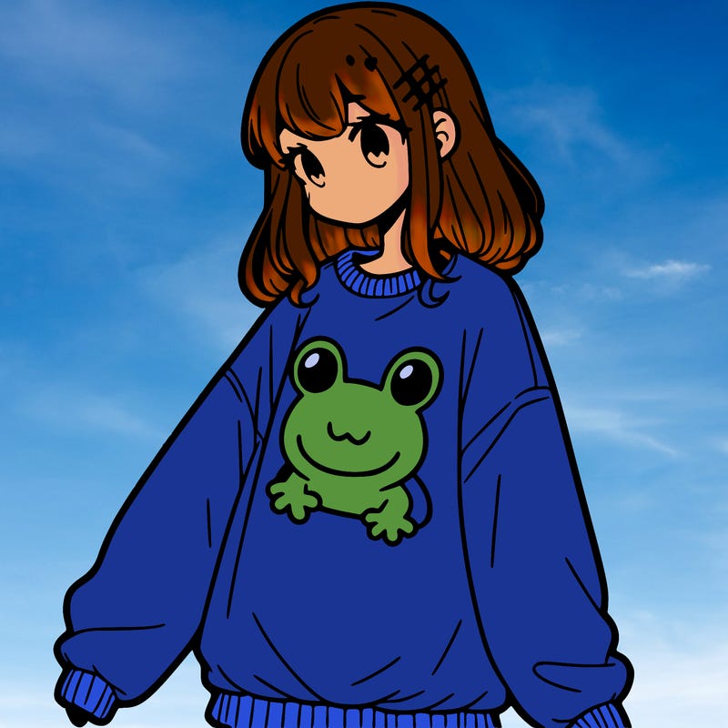 girl wearing frogging sweatshirt