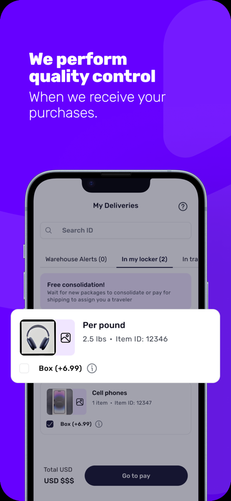 Shappi - Shappi app mobile interface showing quality control and package management in a locker