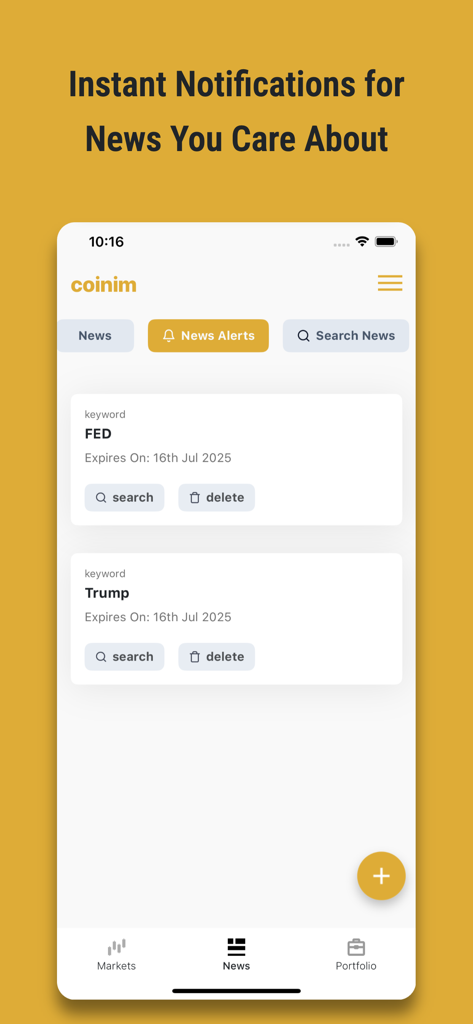 Coinim app interface for setting up instant cryptocurrency news notifications
