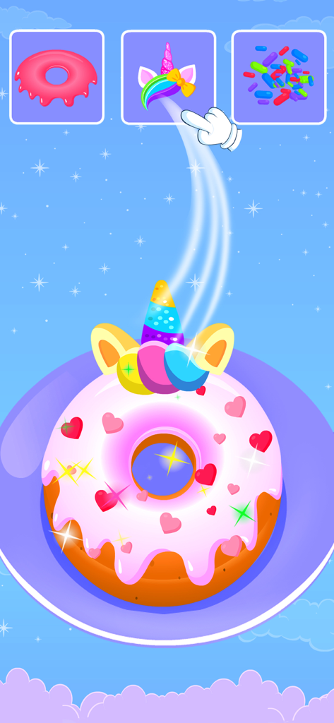 Unicorn Cooking Girl Games App - A pink unicorn donut being decorated with a rainbow horn and heart sprinkles in a kids cooking game