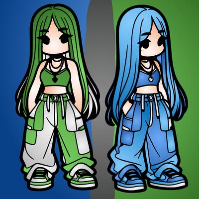 girl in baggy pants crop top and long hair