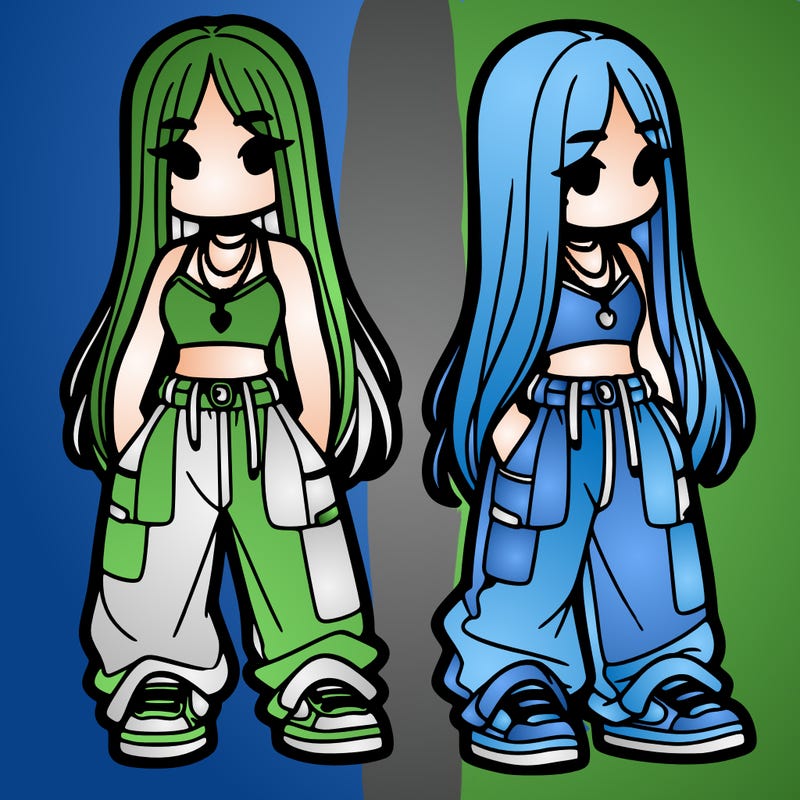 girl in baggy pants crop top and long hair