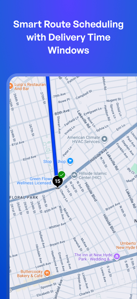 Upper app interface displaying smart route scheduling with delivery time windows on a city map