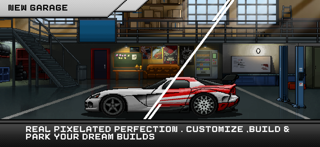 Pixel X Racer : Drag Racing - Un coche deportivo personalizado de arte pixelado en un garaje del juego Pixel X Racer