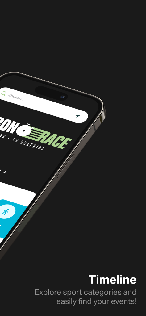 ChronoRace - ChronoRace app screenshot showing the timeline and event search interface on an iPhone.