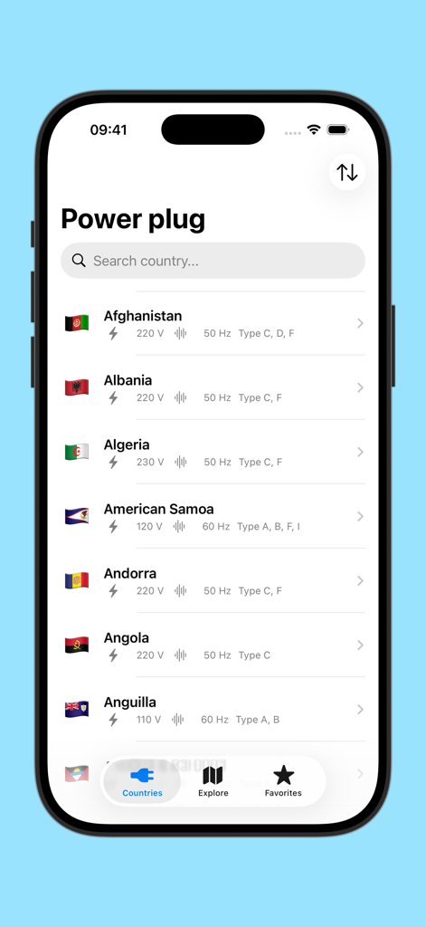 Interface of the Power plug app displaying a list of countries with their flags, electrical outlet types, voltage, and frequency details.