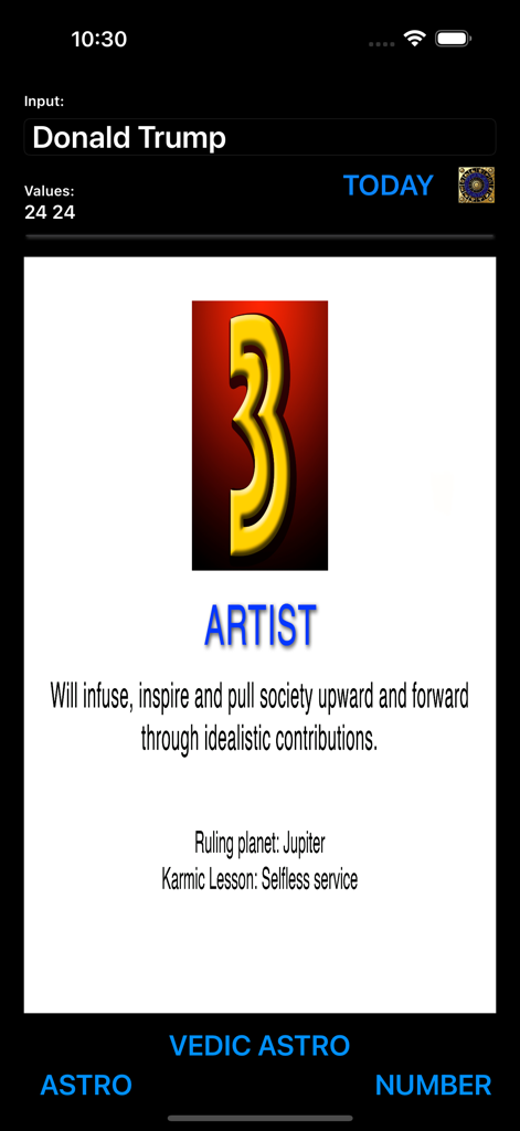 숫자 3 아티스트에 대한 이름 분석을 보여주는 베다 수비학 앱 인터페이스