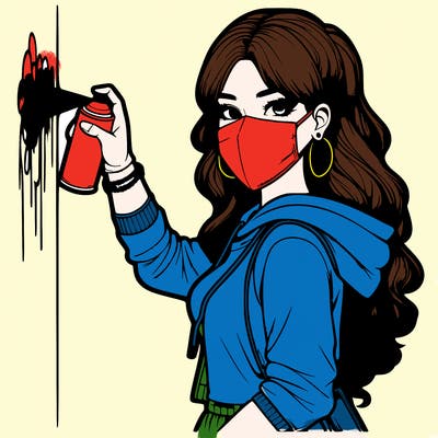 realistic girl with mask spray painting a wall