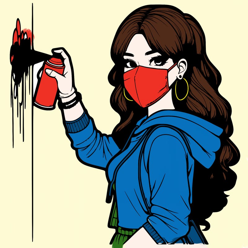 realistic girl with mask spray painting a wall
