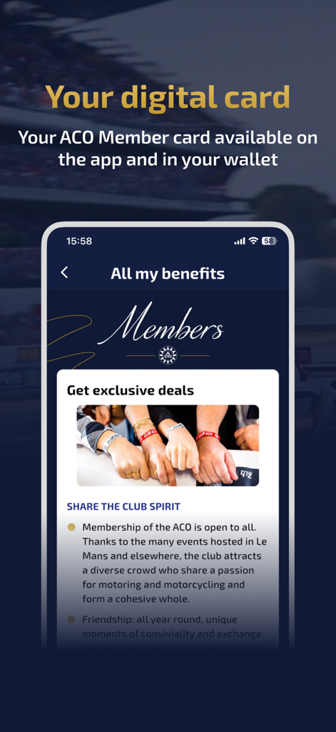 Tela do aplicativo Membres ACO destacando o cartão de membro digital e os benefícios exclusivos do clube