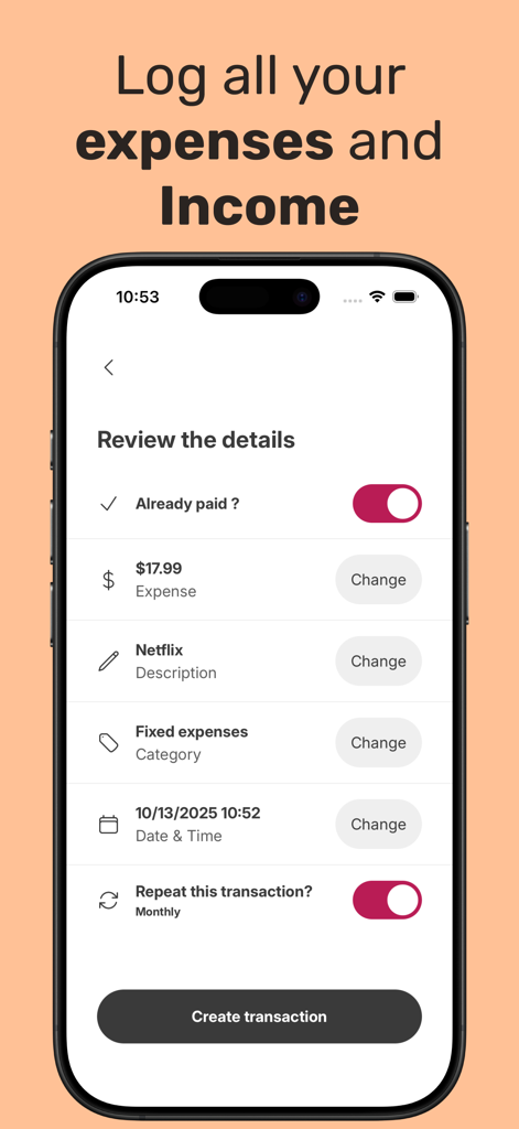 Spending Tracker – Bux - A mobile screen from Bux spending tracker showing transaction details for a monthly Netflix subscription