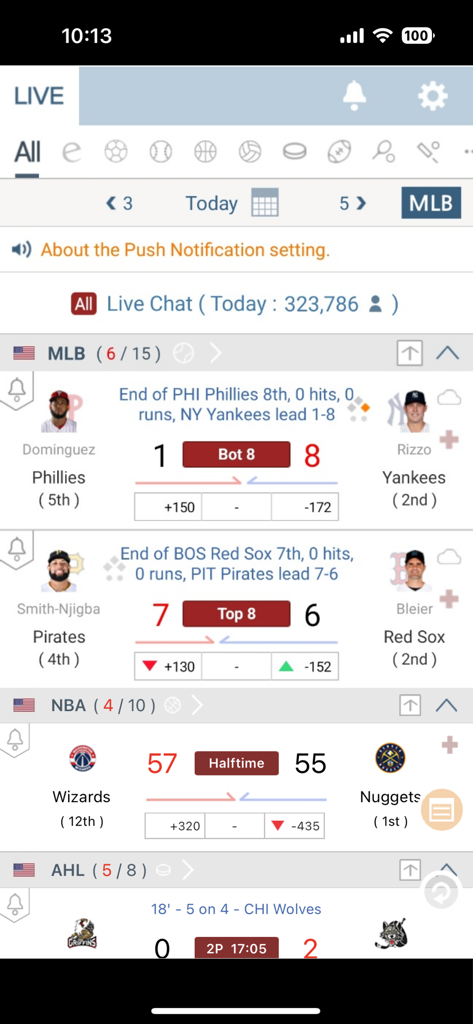 LIVE Score - the Fastest Score - Mobile app interface showing live scores and betting odds for MLB and NBA games