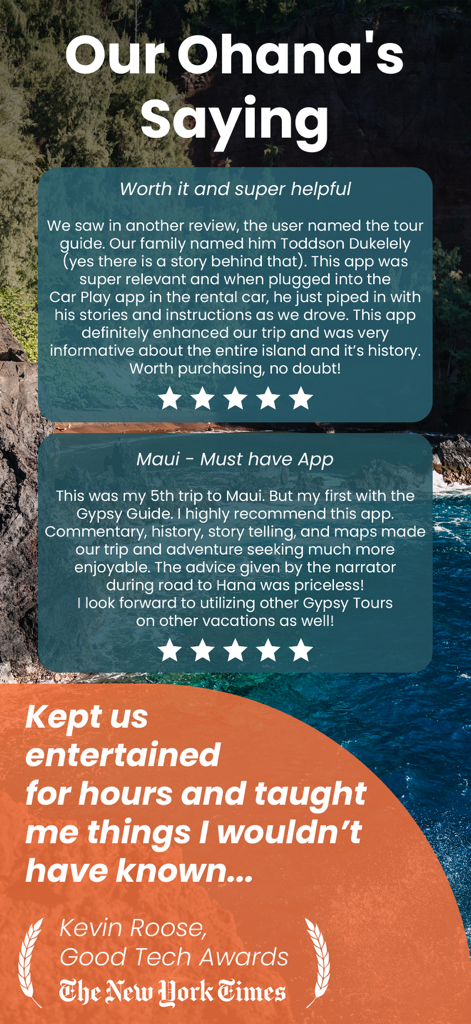 Benutzerbewertungen und die Auszeichnung New York Times Good Tech Awards für die Maui Fahrttour-App
