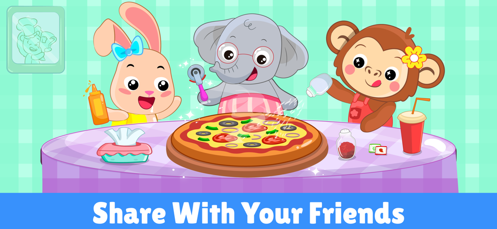 Pizza Maker Kids Cooking Games - Animal characters including a rabbit elephant and monkey sharing a pizza in a kids cooking game