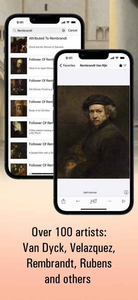 ギャラリーとレンブラントの自画像を紹介するBaroque HDアプリを表示する2台のiPhone