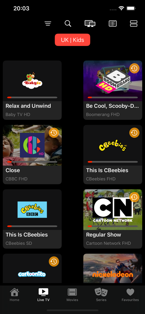 Snappier IPTV - Snappier IPTV app interface showing a grid of kids live TV channels like Cartoon Network and Nickelodeon on an iPhone
