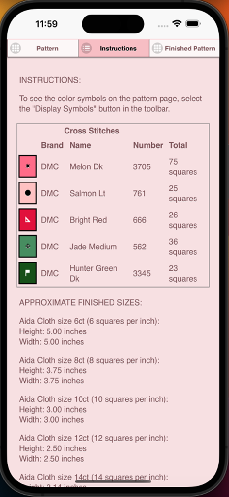 Cross stitch pattern instructions with DMC floss colors and Aida cloth sizing