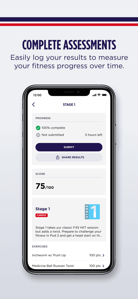 F45 Training - Interface de l'application mobile F45 Training montrant les scores d'évaluation de la condition physique et la progression des exercices