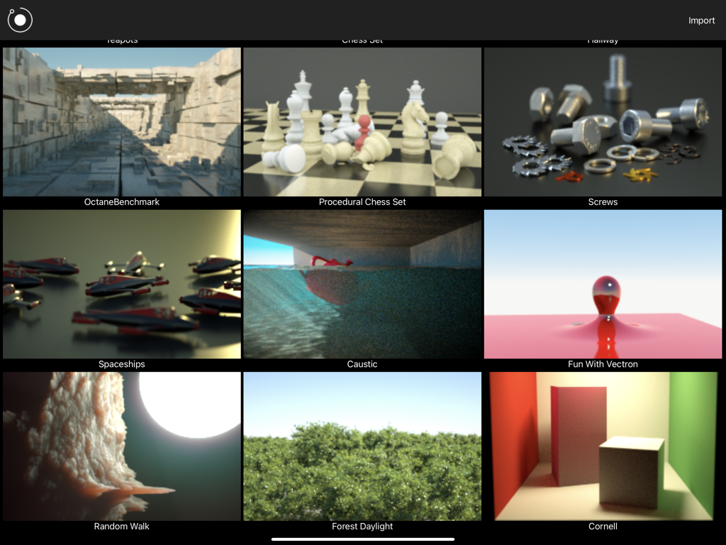 iPad Pro用Octane Xアプリでの3Dレンダリングシーンのギャラリービュー。