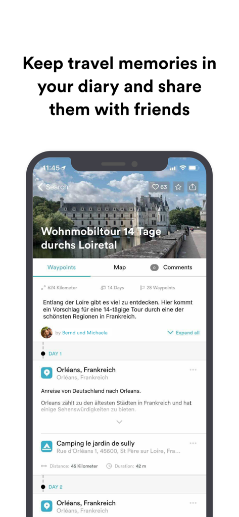 FREEONTOUR Camping App - Screenshot der FREEONTOUR App, der ein 14-tägiges Wohnmobil-Reisetagebuch mit Routen-Wegpunkten im Loire-Tal zeigt