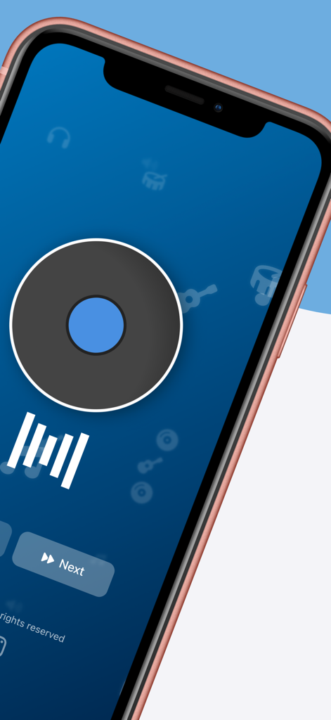 QRSong! - Interfaz de la aplicación QRSong con un icono de disco de vinilo y gráficos de ondas sonoras musicales