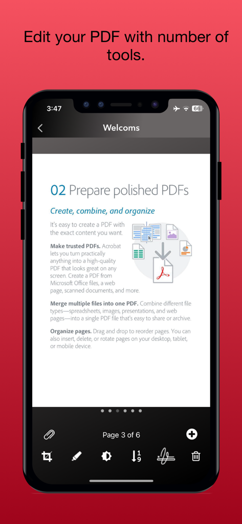 ScanCopy: PDF Editor Converter - Interfaz móvil de la aplicación ScanCopy mostrando herramientas de edición y organización de PDF en un iPhone