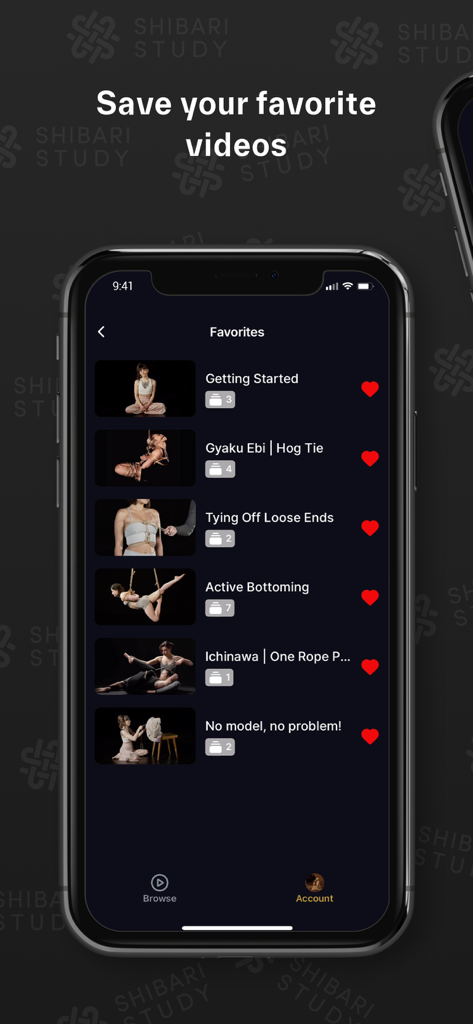 Interface de aplicativo móvel mostrando uma lista de vídeos tutoriais de shibari salvos.