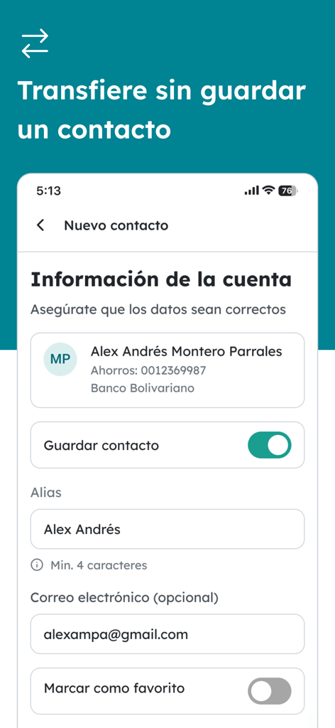Banco Bolivariano - Banco Bolivariano mobile app interface showing options to add a new contact for financial transfers