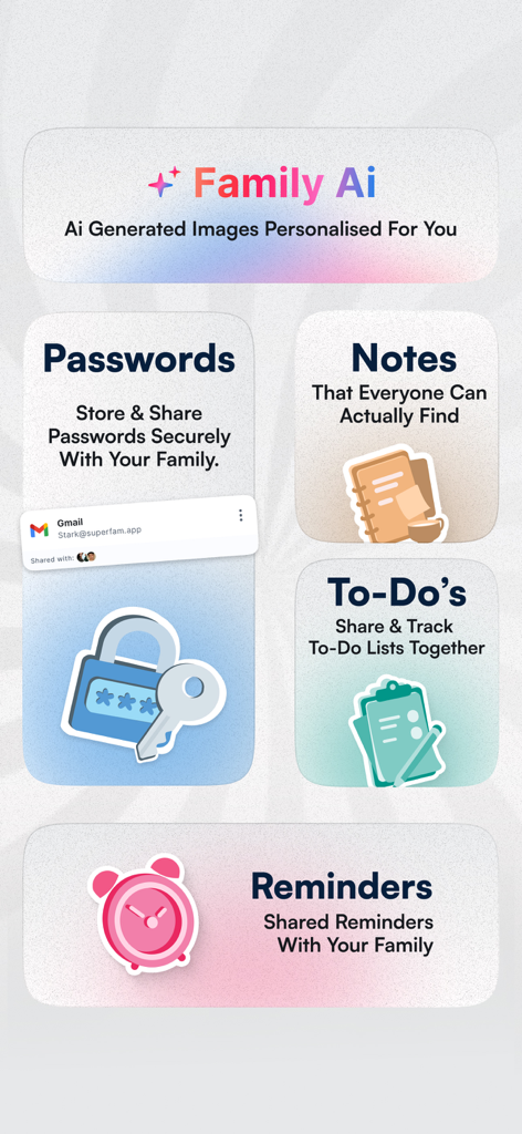 Infographic showing SuperFam app features including Family AI, shared passwords, notes, to-do lists, and reminders.